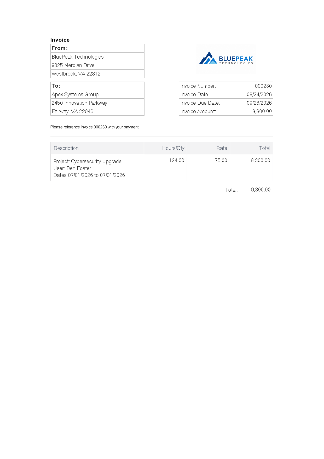 Fictional Timogix invoice from BluePeak Technologies to Apex Systems Group showing 124 hours for a cybersecurity project